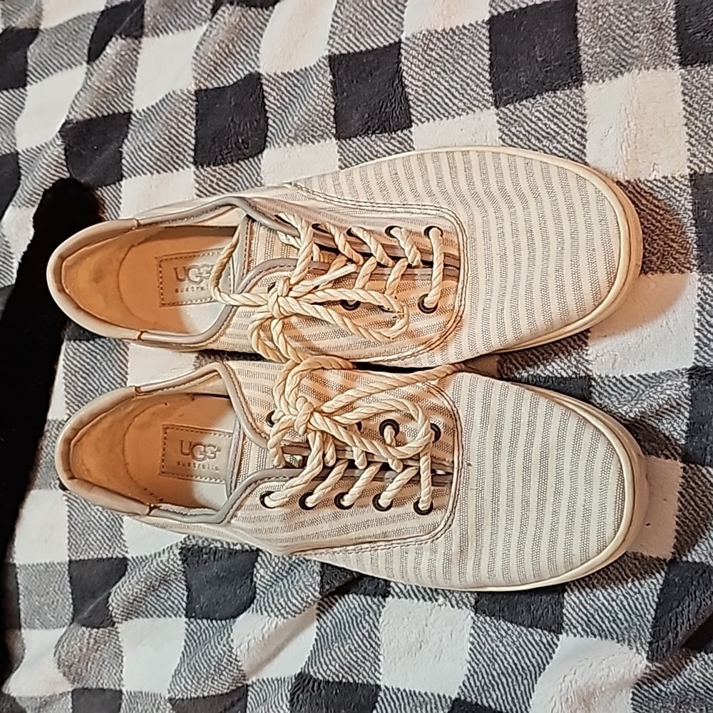 White (cream) and grey stripes ugg loafers. Size 11